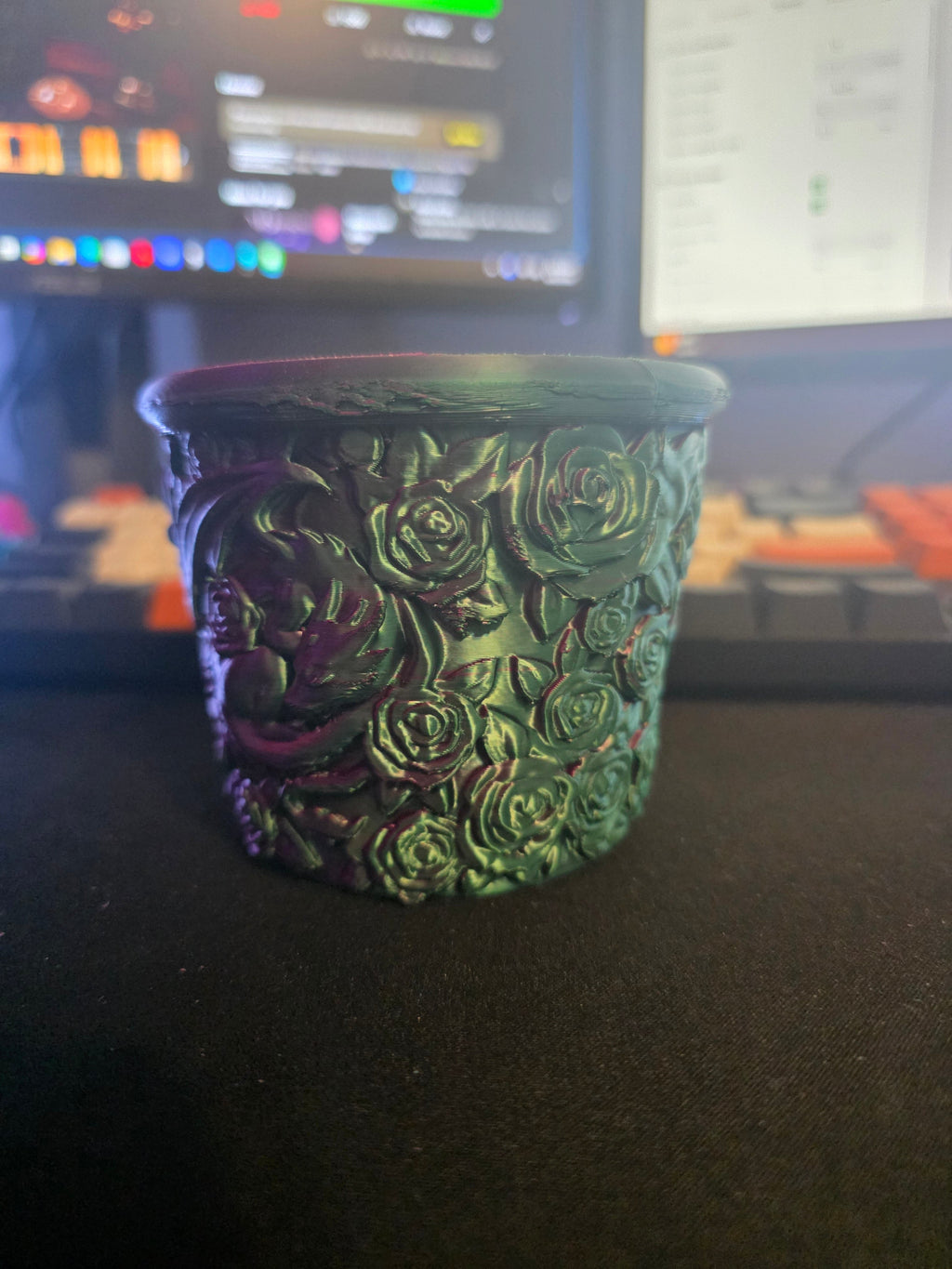 Rose embossed 3D printed planter pot in burgundy purple