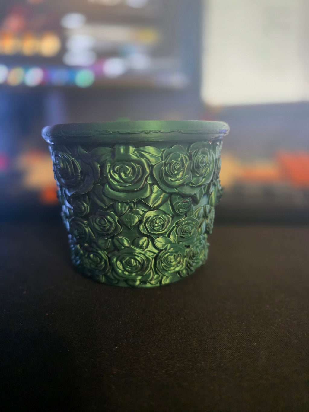 Rose embossed 3D printed planter pot in color-shifting filament - side view