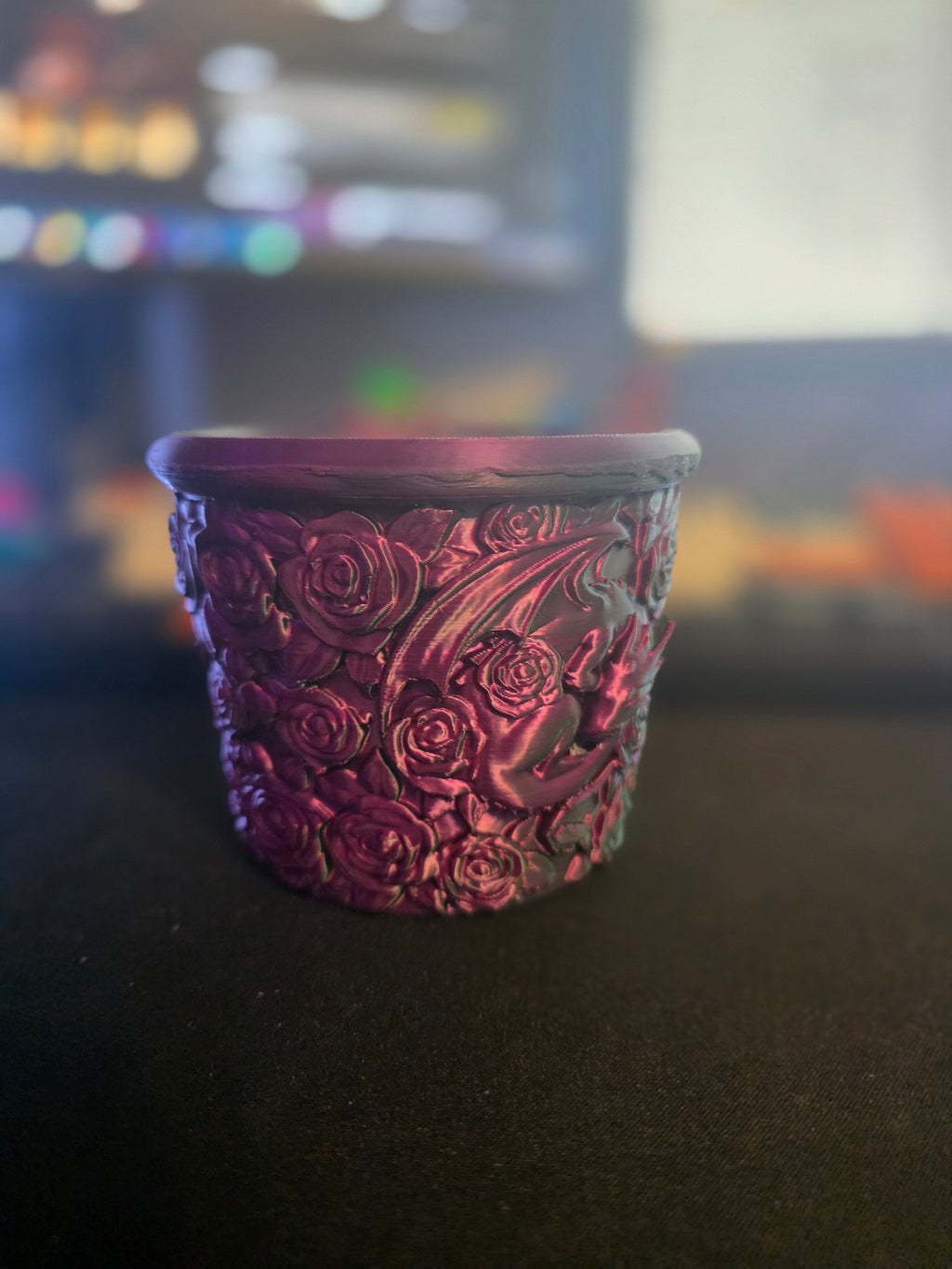 Rose embossed 3D printed planter pot in dark color-shifting filament