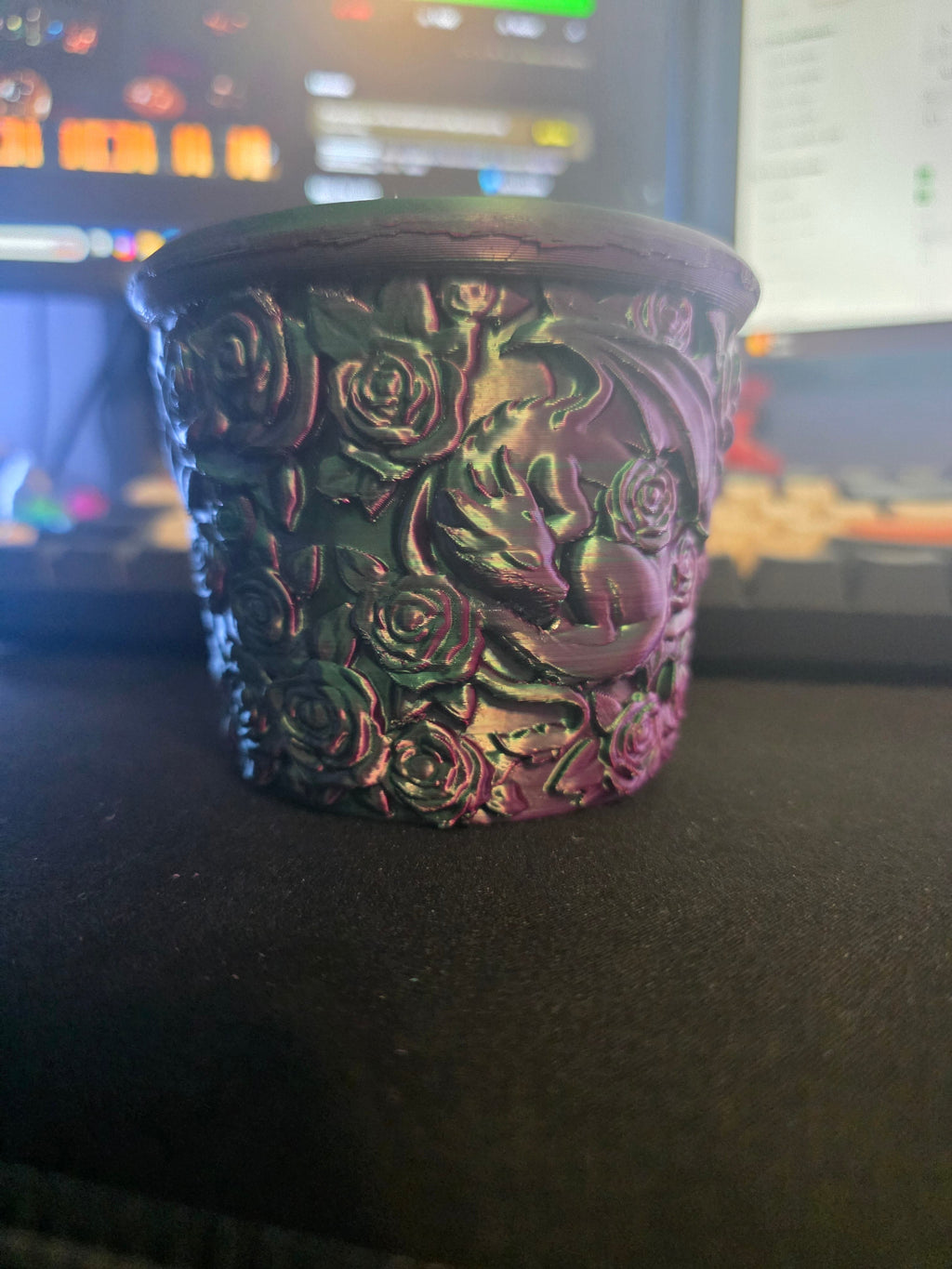 Rose embossed 3D printed planter pot - full view with color-shifting filament