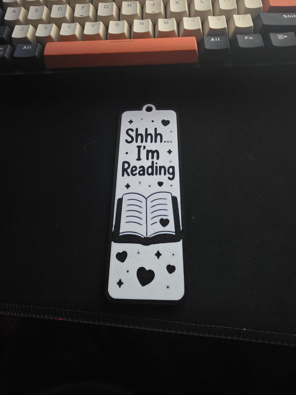 Shhh I'm Reading 3D printed bookmark - with keyboard for scale