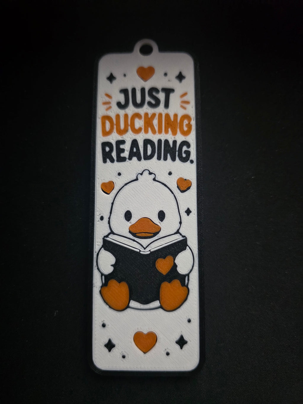 Just Ducking Reading 3D printed bookmark - side view with keyboard